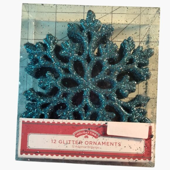 Holiday Time 12 Blue Glitter Snowflake Christmas Ornaments 4 x 4 inch - Picture 6 of 7